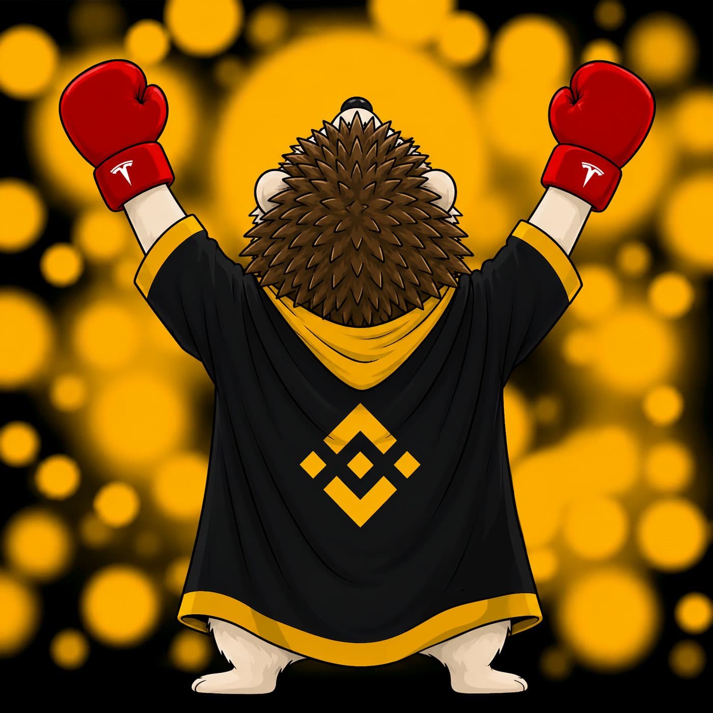 Haha Yes Hedgehog fan art wearing boxing gloves and a Binance-branded robe