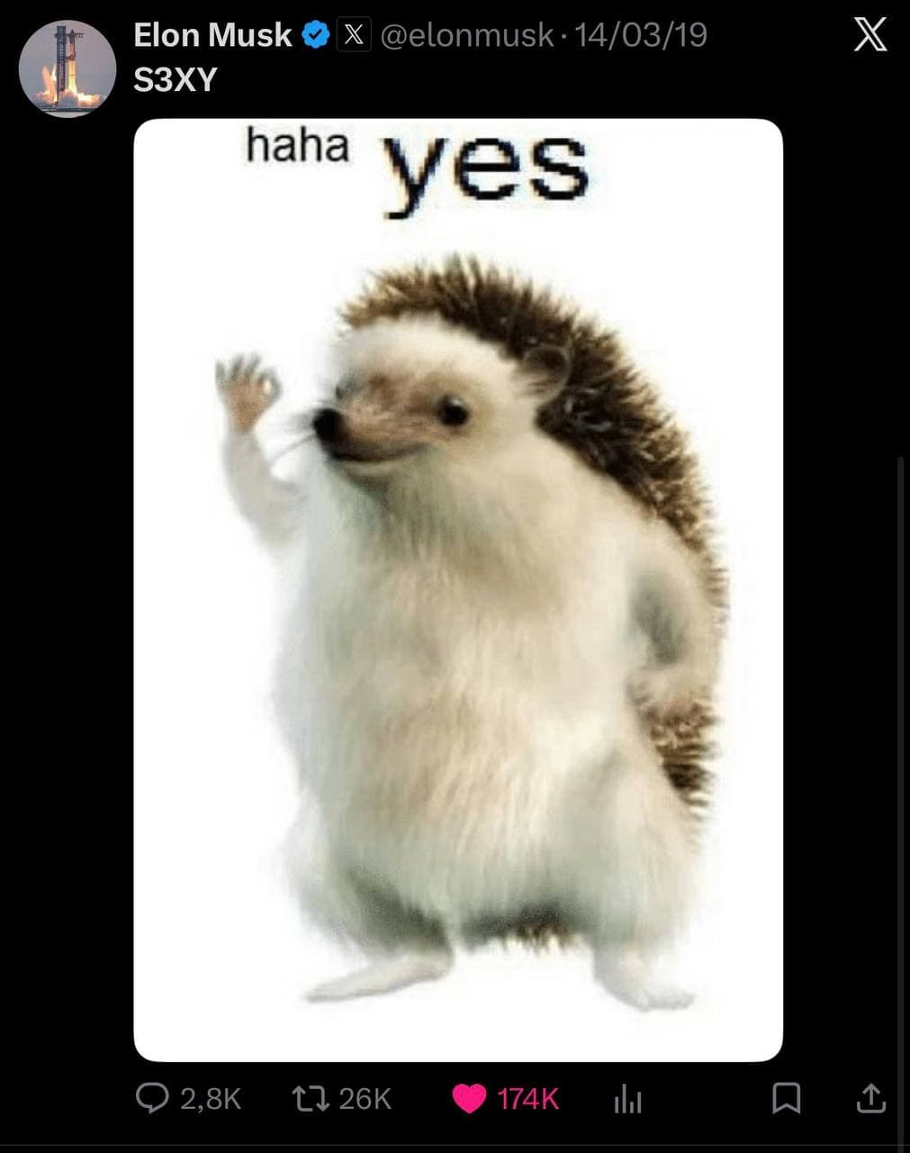 Elon Musk's 2019 post on X captioned "S3XY" featuring the Haha Yes hedgehog